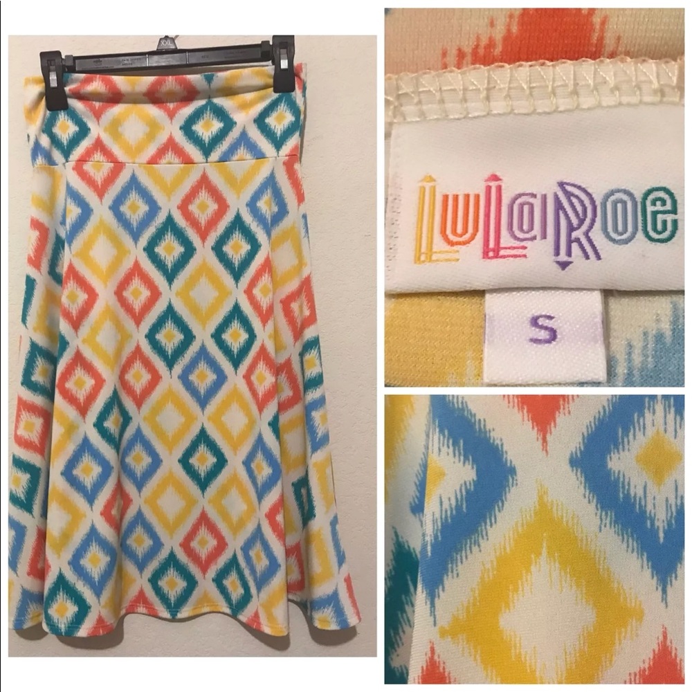 ‼️SOLD‼️
LuLaRoe Azure Skirt Yellow Coral Blue Diamond - Picture 1 of 6